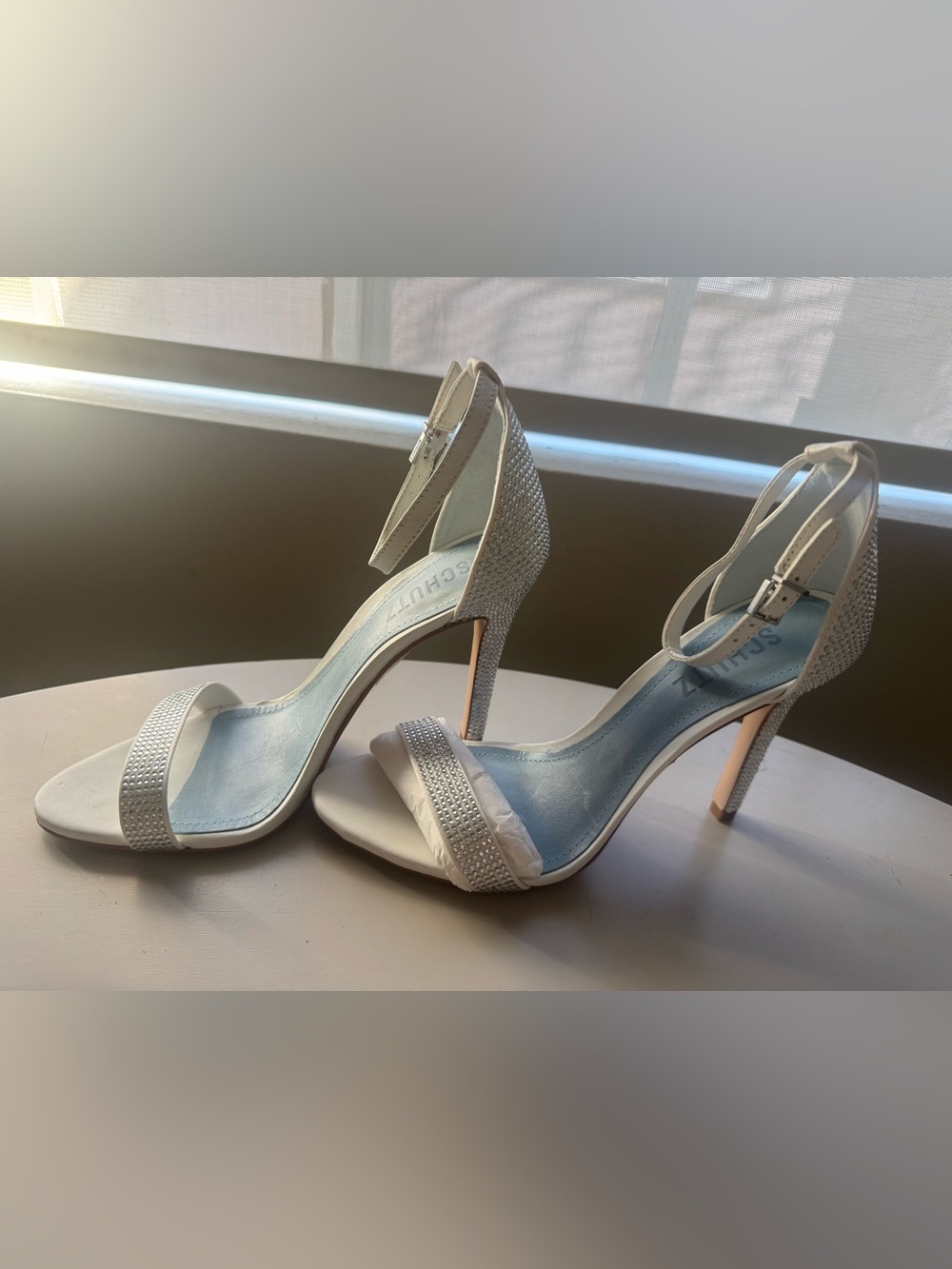 SCHUTZ Silver Crystal-Embellished Ankle-Strap Heels